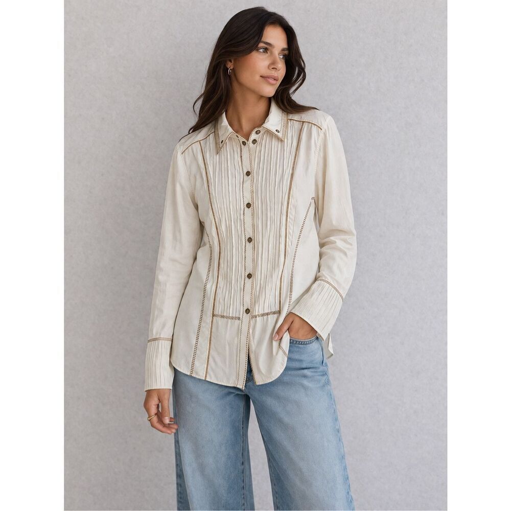 Bonita Button-Up Blouse Cream Pleated Front Contrast Stitching  Sz 48EU/XL US